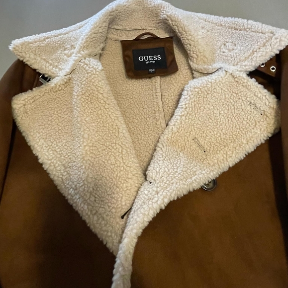 Nwt guess mens faux fur lined camel colored long jacket size large - Picture 5 of 11